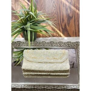 Vintage Beaded Clutch Purse, Off White Sequin Evening Bag, Double Sided